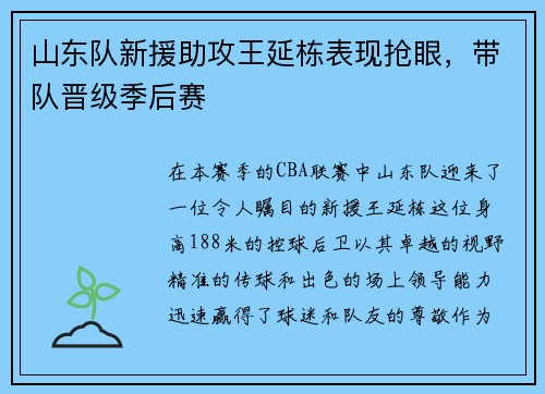 山东队新援助攻王延栋表现抢眼，带队晋级季后赛