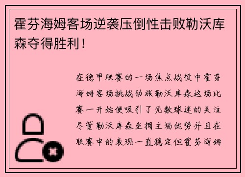 霍芬海姆客场逆袭压倒性击败勒沃库森夺得胜利！